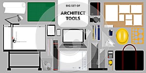 Big set of architect tools. Working & design stuff. Vector illustration.