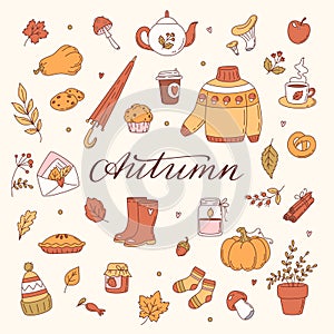 Big set of autumn elements in doodle style.