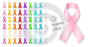 Big set awareness ribbon. Pink ribbon with shadow Symbol of breast cancer awareness month in october. Template for