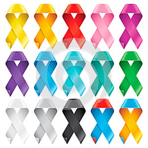 Big Set of Awareness Ribbons. Multicolored symbols of support or solidarity for many advocacy groups.