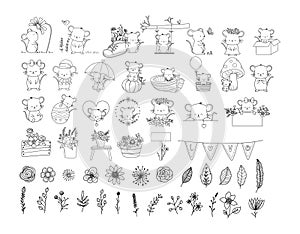 Big set baby mouse animal cartoon with flower hand drawn,doodle,line art style Cute cartoon funny character collection