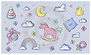 Big set of baby shower Vector set of bright, cute children s elements. Set of toys, dolls, clothes, and other baby items