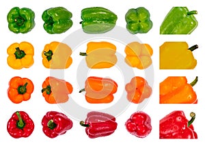 Big set of bell peppers of four different colors and in different positions with water drops, isolated on white background