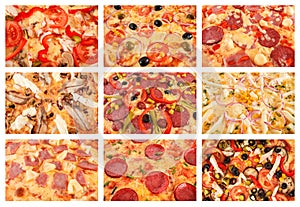 Big set of the best Italian pizzas close-up, selective focus