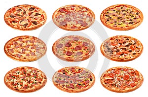 Big set of the best Italian pizzas isolated on white background. photo