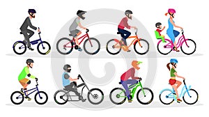 Big set with bicycles of different types and colors with cyclists in helmets.