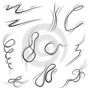 Big Set Black Collection Simple Line Winds Gust Squall Curl Doodle Outline Nature Element Vector Design Sketch Isolated