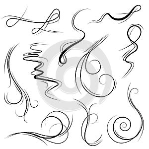 Big Set Black Collection Simple Line Winds Gust Squall Curl Doodle Outline Nature Element Vector Design Sketch Isolated