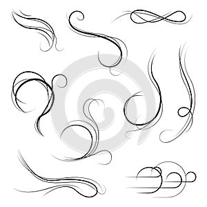 Big Set Black Collection Simple Line Winds Gust Squall Curl Doodle Outline Nature Element Vector Design Sketch Isolated