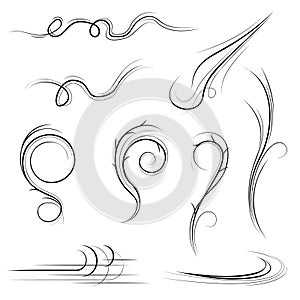 Big Set Black Collection Simple Line Winds Gust Squall Curl Doodle Outline Nature Element Vector Design Style Sketch Isolated
