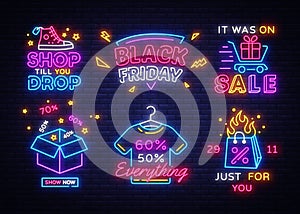 Big set Black Friday Neon Signs. Black Friday Vector illustration discount sale concept in neon style, online shopping