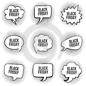 Big set of black friday template comic text speech chat bubble halftone dot background style pop art