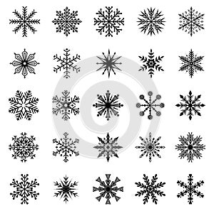 Big set of black vector snowflake icons on a white background. Winter decorative elements