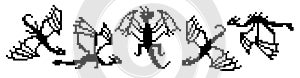 Big set with black and white pixel dragons silhouettes on white.
