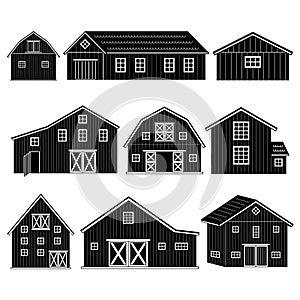 Big set of black white wooden storage barns or farmhouses with windows, doors. Isolated houses icons or logos on the