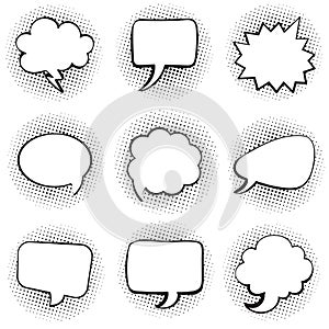 Big set of blank template comic text speech chat bubble halftone dot background style pop art