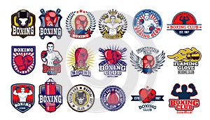 Big set boxing badges, stickers isolated on white.