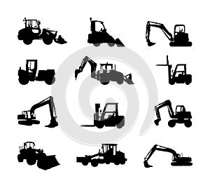 Big set of bulldozer loader vector silhouette isolated on white. Dusty digger, excavator dozer. Under construction. Building site.