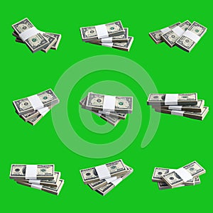 Big set of bundles of US dollar bills isolated on chroma key green. Collage with many packs of american money with high resolution