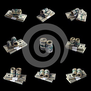 Big set of bundles of US dollar bills isolated on white. Collage with many packs of american money with high resolution on perfect