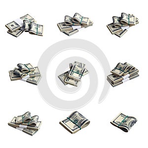 Big set of bundles of US dollar bills isolated on white. Collage with many packs of american money with high resolution on perfect