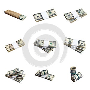 Big set of bundles of US dollar bills isolated on white. Collage with many packs of american money with high resolution on perfect