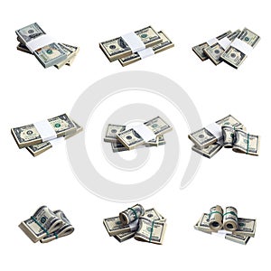 Big set of bundles of US dollar bills isolated on white. Collage with many packs of american money with high resolution on perfect