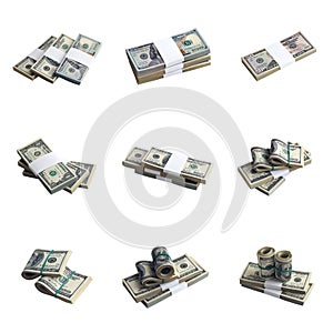 Big set of bundles of US dollar bills isolated on white. Collage with many packs of american money with high resolution on perfect