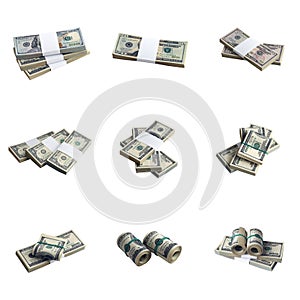 Big set of bundles of US dollar bills isolated on white. Collage with many packs of american money with high resolution on perfect