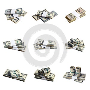 Big set of bundles of US dollar bills isolated on white. Collage with many packs of american money with high resolution on perfect