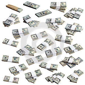 Big set of bundles of US dollar bills isolated on white. Collage with many packs of american money with high resolution on perfect