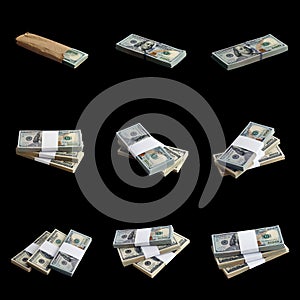 Big set of bundles of US dollar bills isolated on white. Collage with many packs of american money with high resolution on perfect