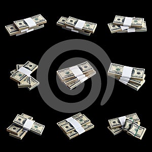 Big set of bundles of US dollar bills isolated on white. Collage with many packs of american money with high resolution on perfect