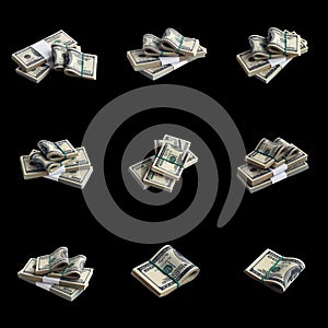 Big set of bundles of US dollar bills isolated on white. Collage with many packs of american money with high resolution on perfect