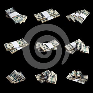 Big set of bundles of US dollar bills isolated on white. Collage with many packs of american money with high resolution on perfect