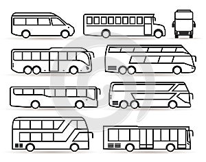 Big set of bus icon. Transport symbol black in linear style. Vector illustration. Isolated on white background