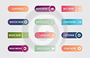 Big set of button for website design on grey background. Web icons. Different colors of elements and gradient. Vector