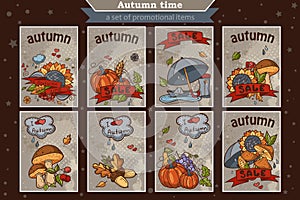 Big set of cards from the vertical colored doodles on theme autumn