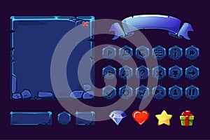 Big set Cartoon neon blue stone assets and buttons For Ui Game, GUI icons