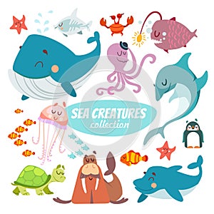 Big set of cartoon sea creatures