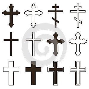 Big set of christian orthodoxy crosses in different styles and shapes isolated on white background