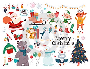 Big set of Christmas decor elements and characters isolated. Santa Claus, elf, bear, gifts, sleigh, fir tree etc.