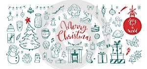 Big set of Christmas design doodle elements. Vector hand drawn lettering, calligraphy . Isolated christmas stickers