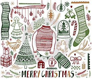 Big set of Christmas design element in doodle style. Hand draw collection New Year. Decorative drawing.