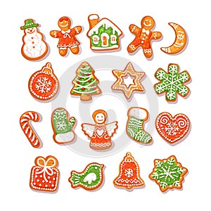 Big set of Christmas and New Year homemade gingerbread cookies coated with colored glaze. Cartoon hand drawn vector illustration