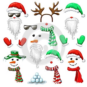 big set of Christmas and New Year photo booth and props. holiday mask clip art isolated on white. santa hat and beard snowman