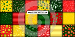 Big set of christmas seamless patterns, minimalistic hand drawn New Year elements in traditional festive red green gold colors.