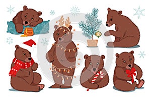 Big set of Christmas stickers. Cute brown bears with Christmas symbols.