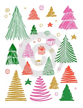 Big set of Christmas Tree doodle. Hand drawn vector conceptual colored graphic sketch illustration. Stock elements for