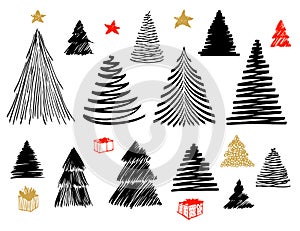 Big set of Christmas Tree doodle. Hand drawn vector conceptual graphic sketch illustration. Isolated stock elements for